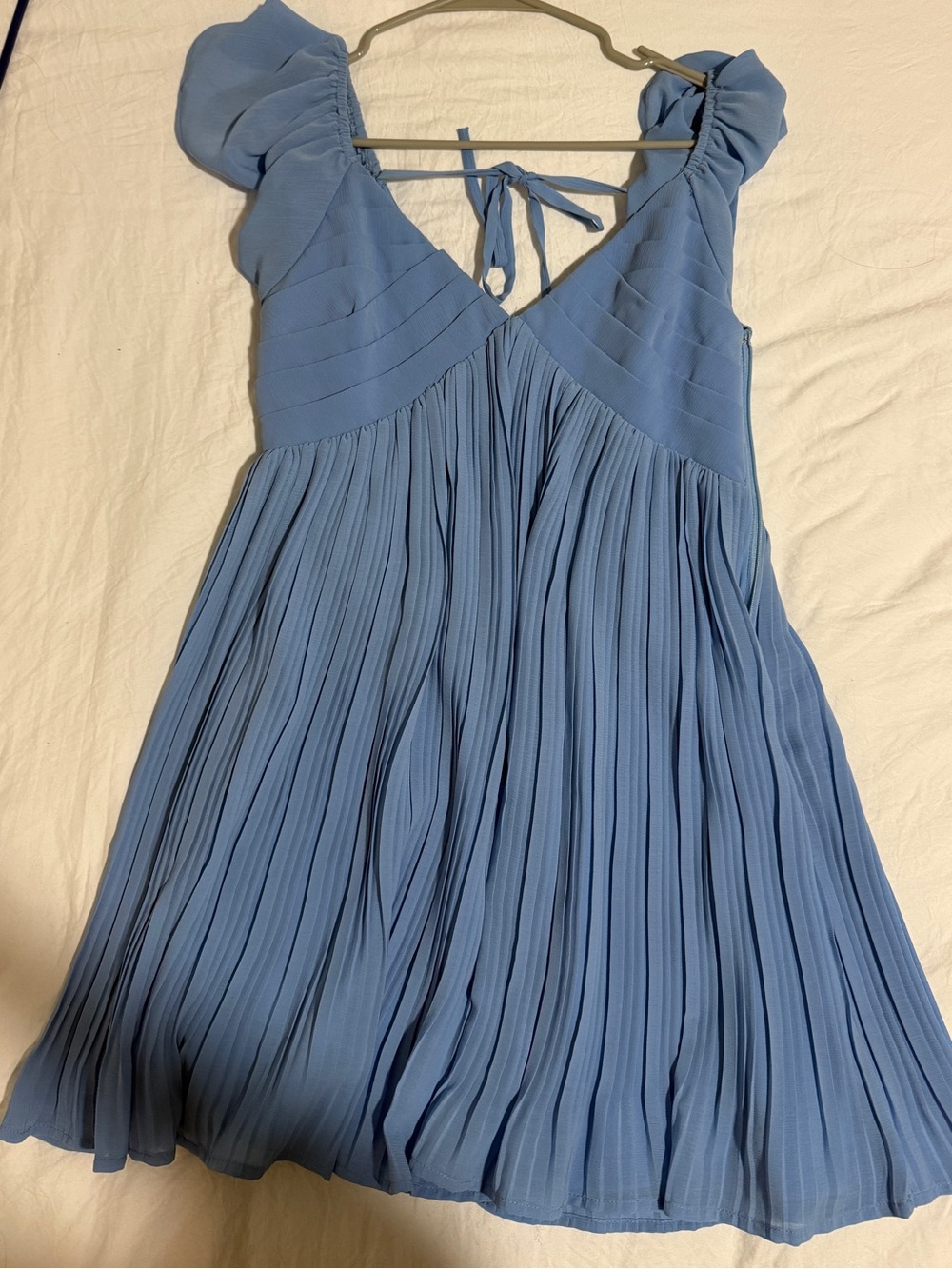 Lulu's Dusty Blue Pleated Mini Dress with Puff Sleeves